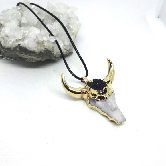 NEW Black Druzy Gold Horn Steer Necklace - Picture 5 of 5